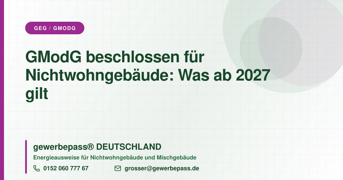 GModG beschlossen für Nichtwohngebäude: neue A-bis-G-Klassen, Bedarfsausweis-Pflicht und Fristen ab 2027, gewerbepass DEUTSCHLAND, Tel. 0152 060 777 67
